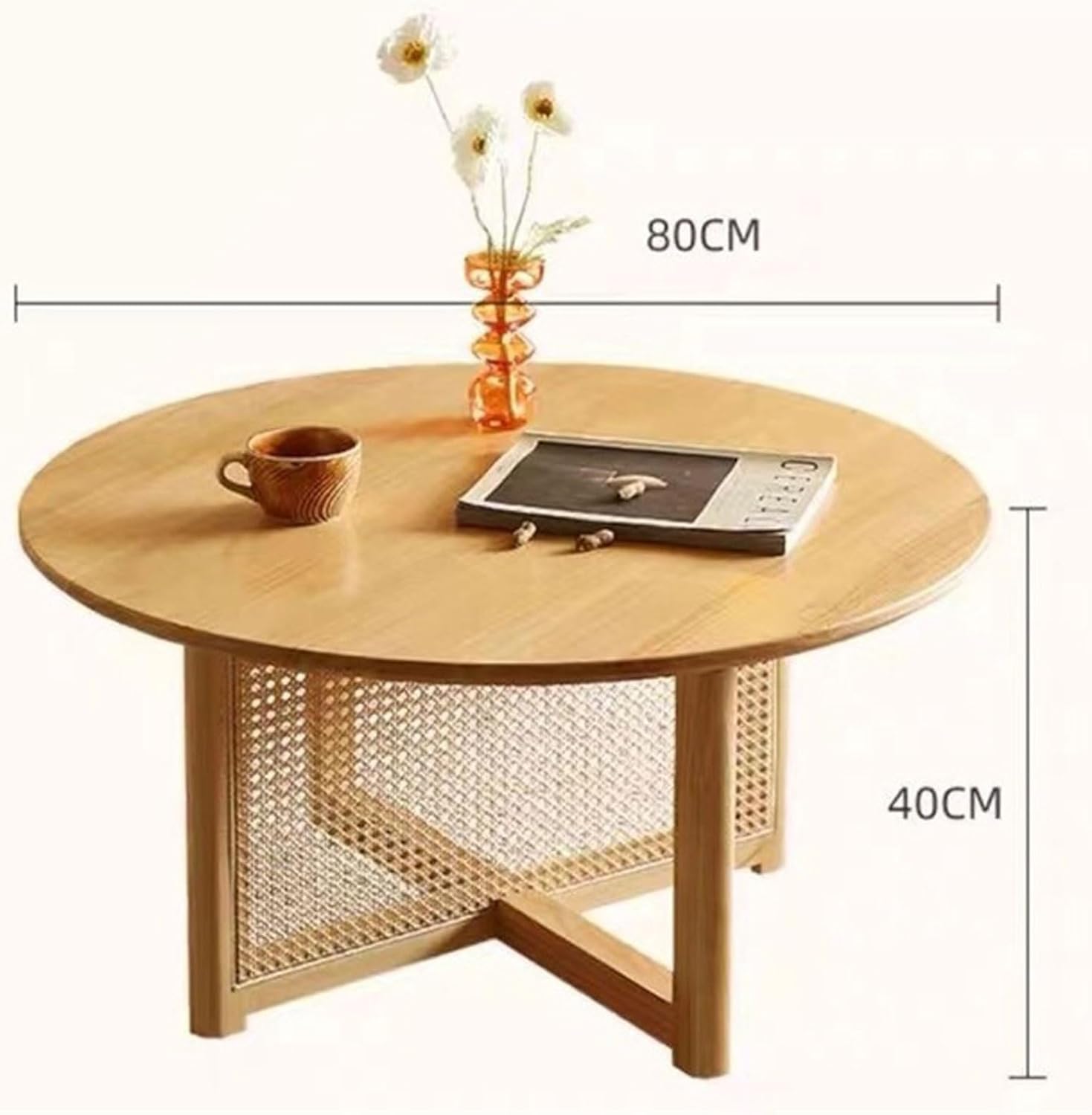 Large Cherry Wood Coffee Table with Rattan Legs