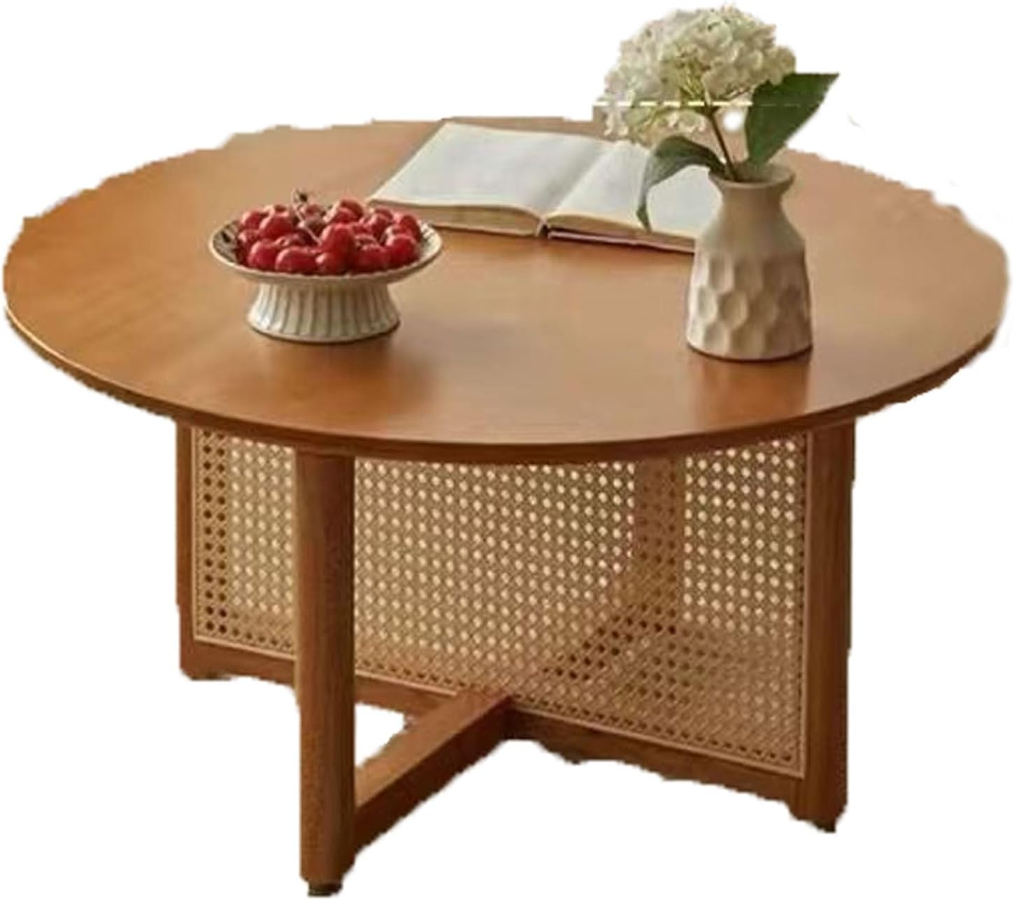 Large Cherry Wood Coffee Table with Rattan Legs