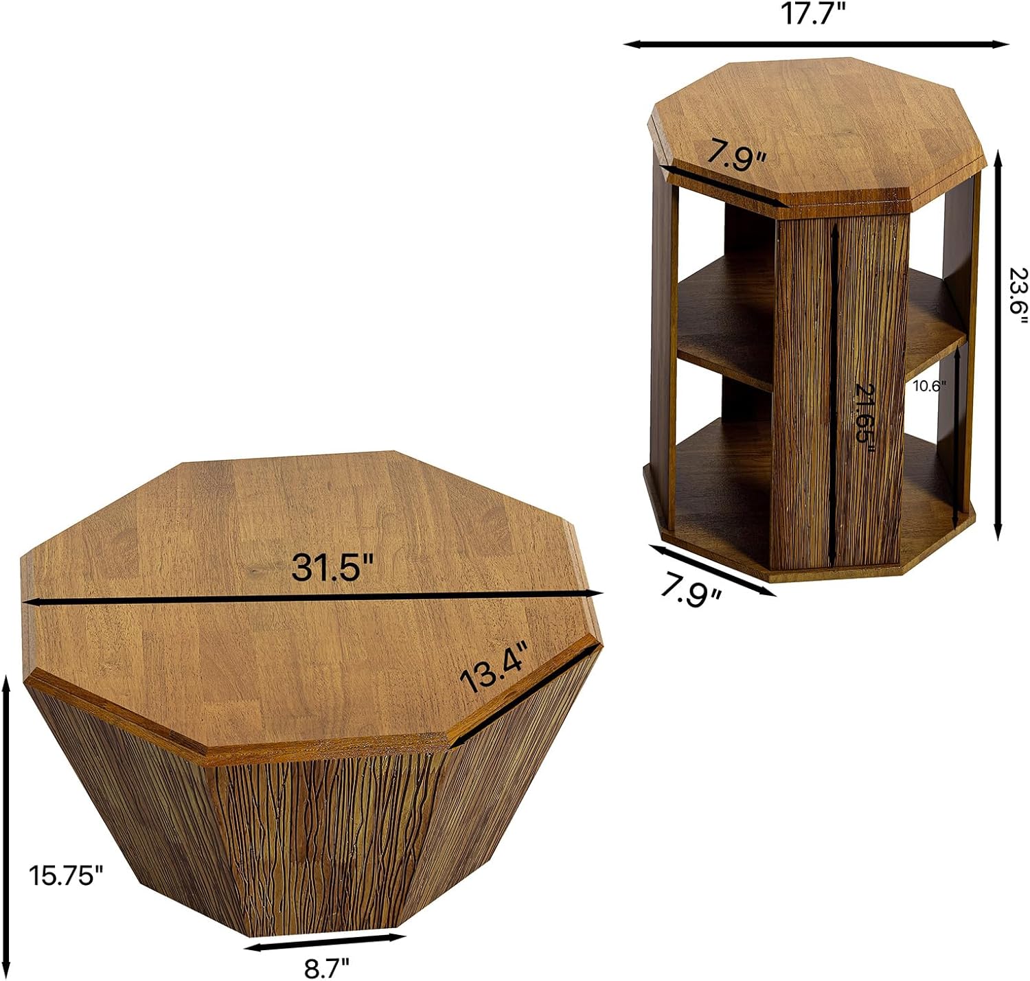 QVK Octagonal Walnut Coffee Table Set 31.5in