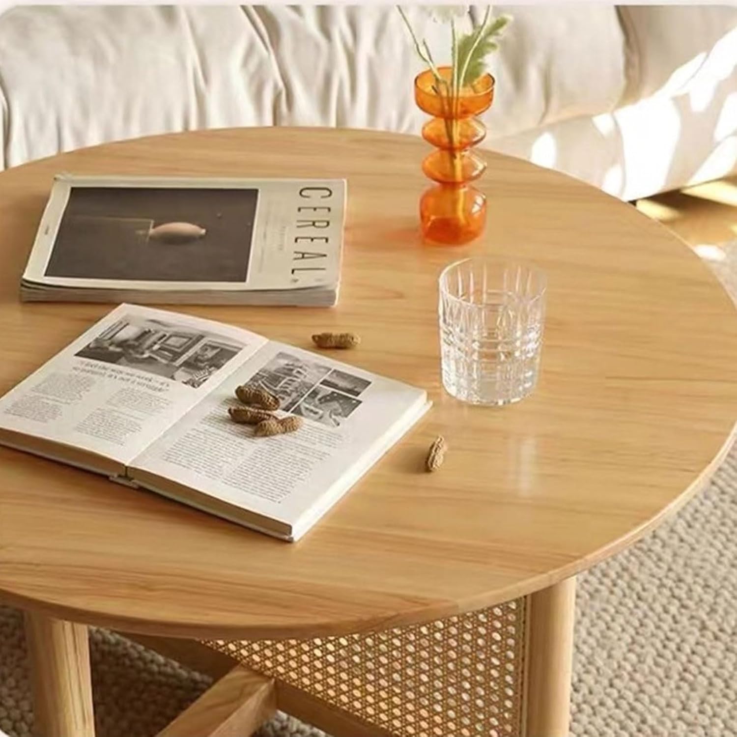 Large Cherry Wood Coffee Table with Rattan Legs