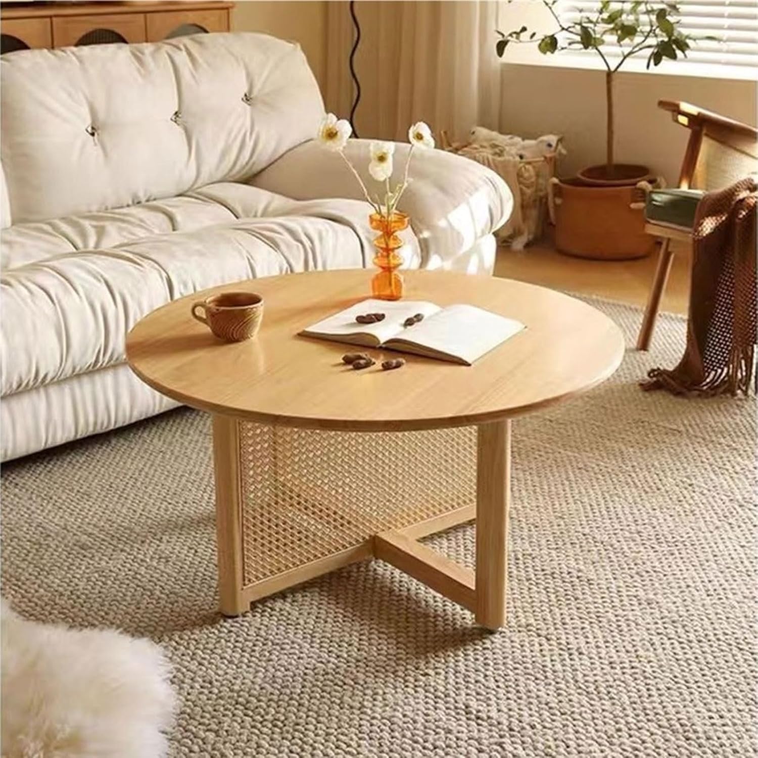 Large Cherry Wood Coffee Table with Rattan Legs