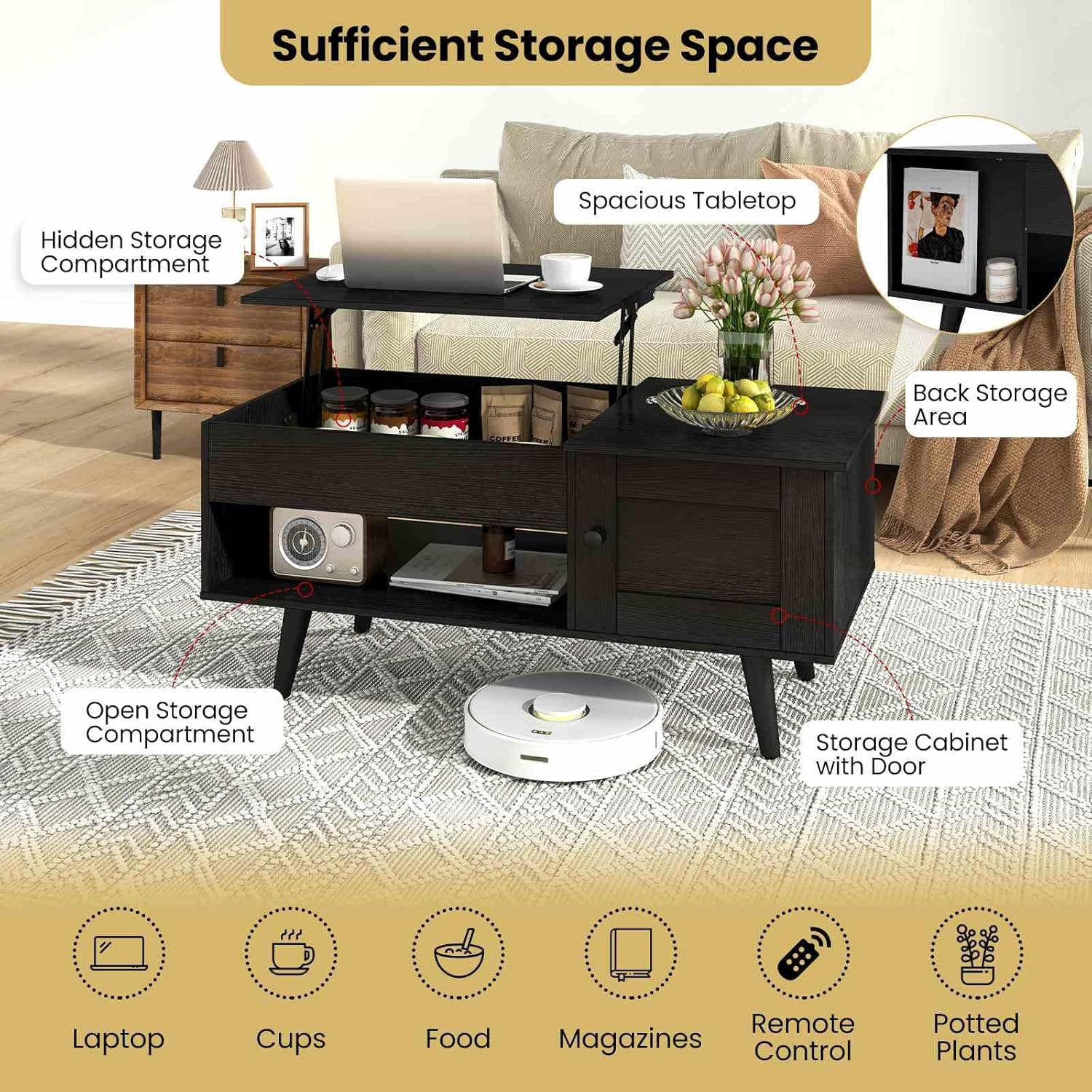 Costway Lift-Top Coffee Table Black
