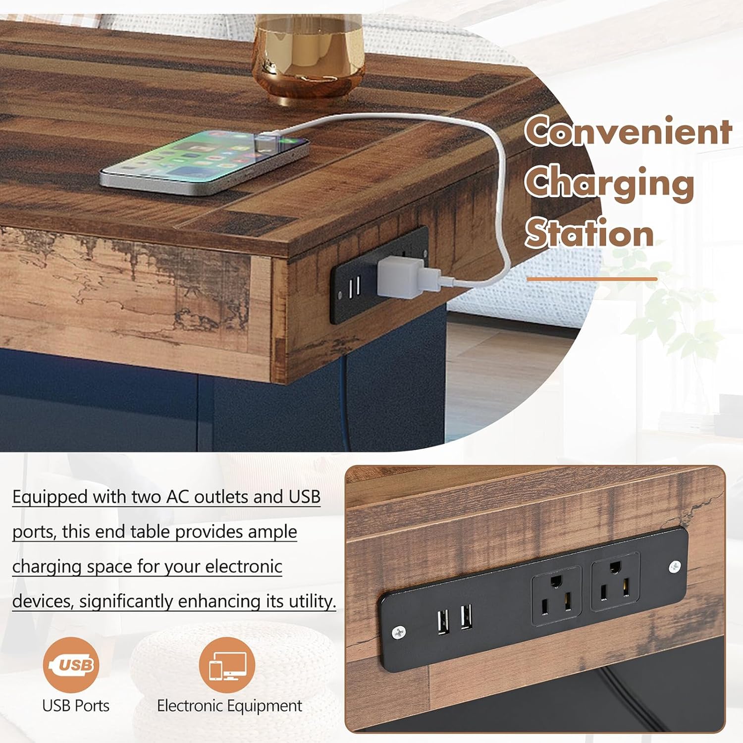 Modern Coffee Table with LED & USB Ports Black 80 cm