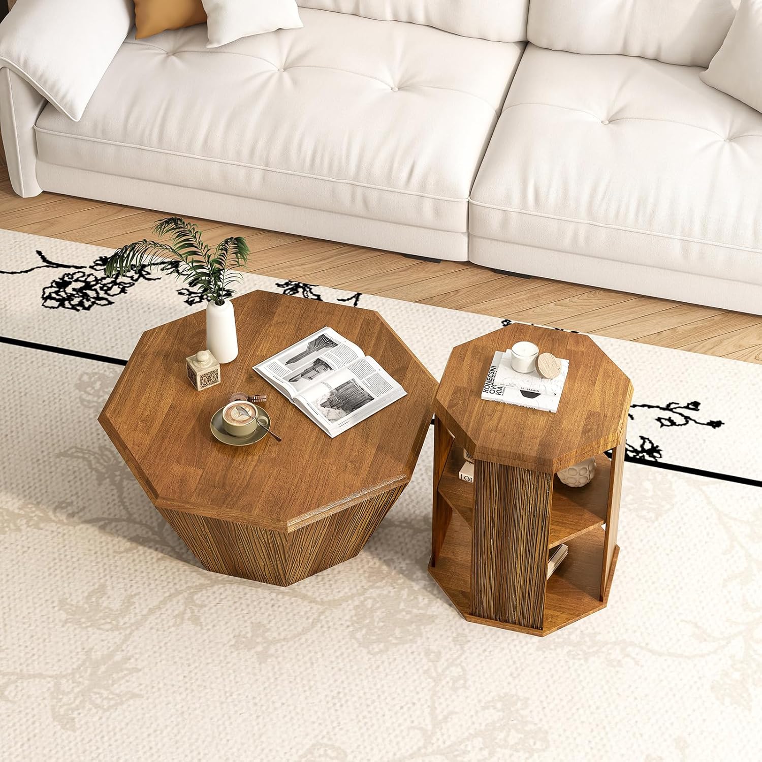 QVK Octagonal Walnut Coffee Table Set 31.5in