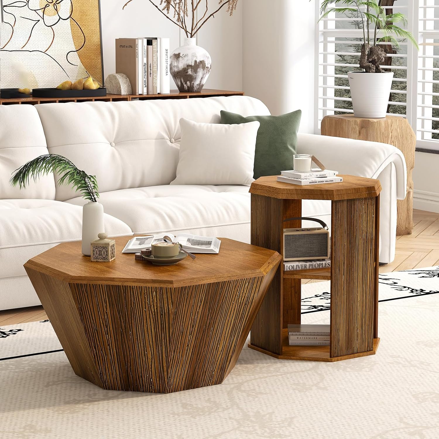 QVK Octagonal Walnut Coffee Table Set 31.5in