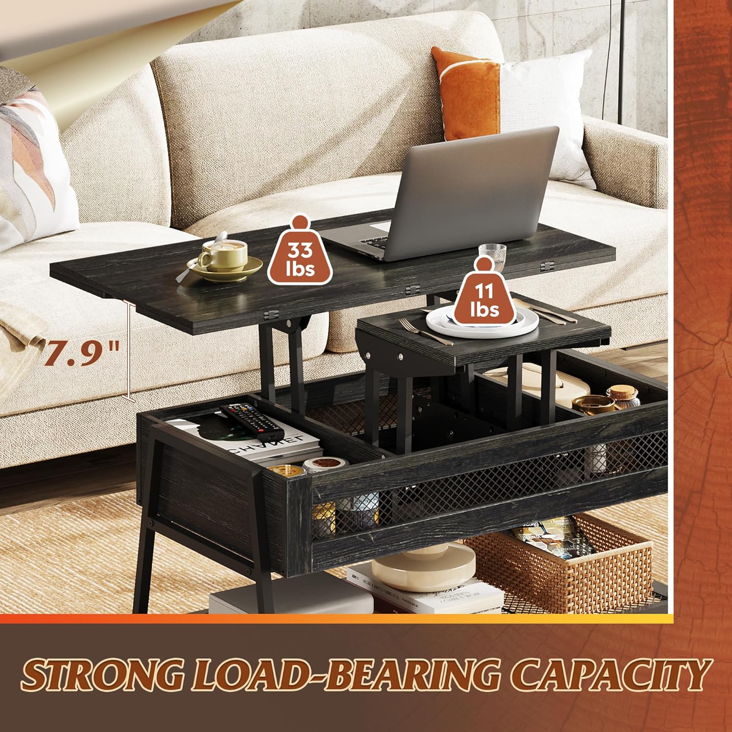 WLIVE Lift Top Multi-Function Coffee Table – Black